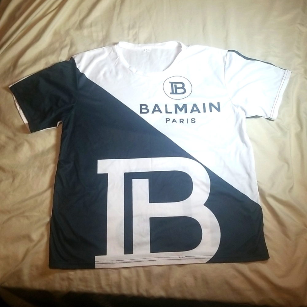 Jersey short sleeve shirt (Balmain Paris), 2XXL, White and Grey black